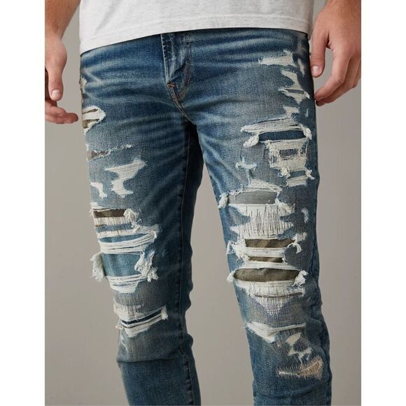 American Eagle Men's 30x30 Airflex Jeans Stretch Slim Slashed Distressed Grunge - Picture 4 of 12